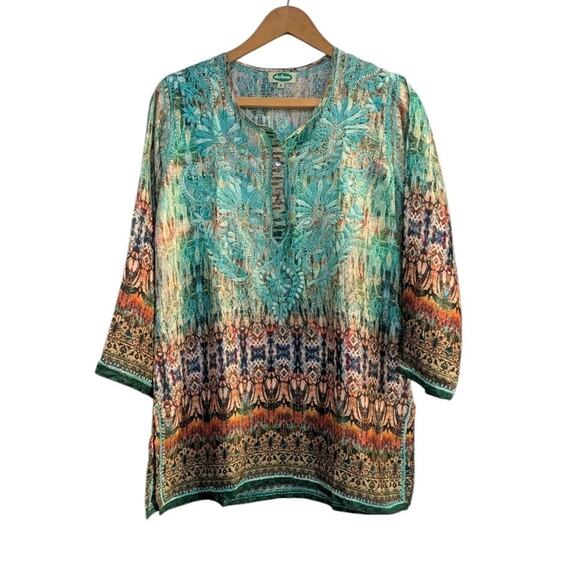 Dolma Silk Hand Embroidered Henley Tunic Teal Turquoise Green Floral Medium O - Picture 1 of 10
